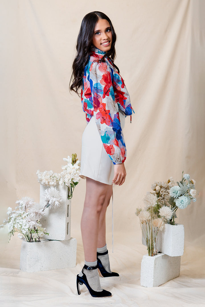 Trinitarias Silk Cotton Tie Neck Blouse