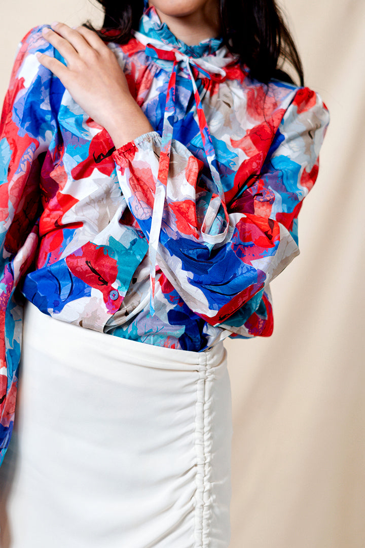 Trinitarias Silk Cotton Tie Neck Blouse