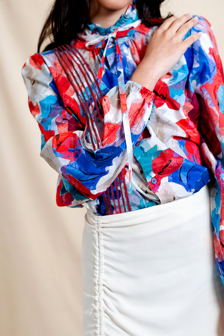 Trinitarias Painted Stripes Voile Ruffle Tie Blouse