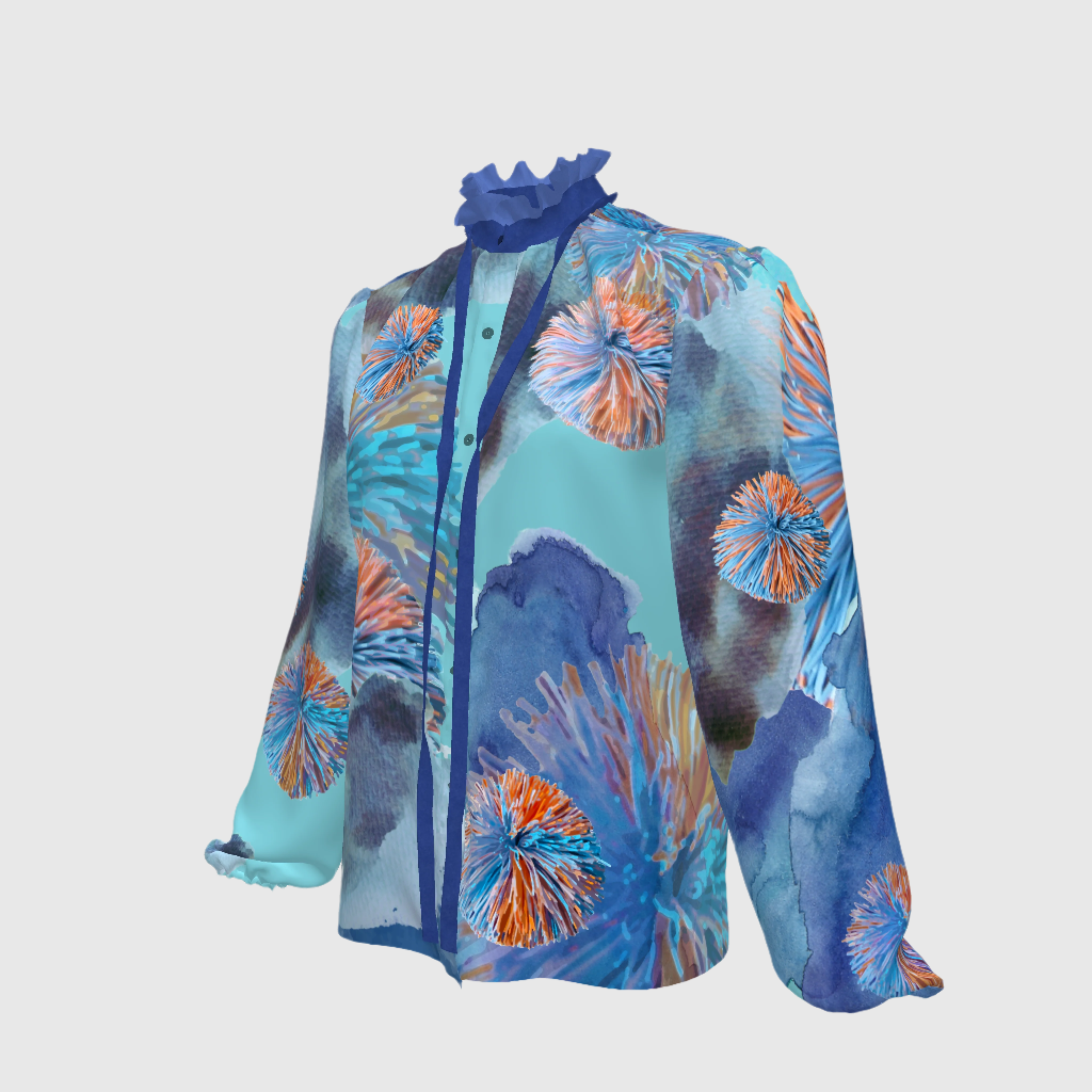 Blue Orange Silk Koosh Tie Blouse
