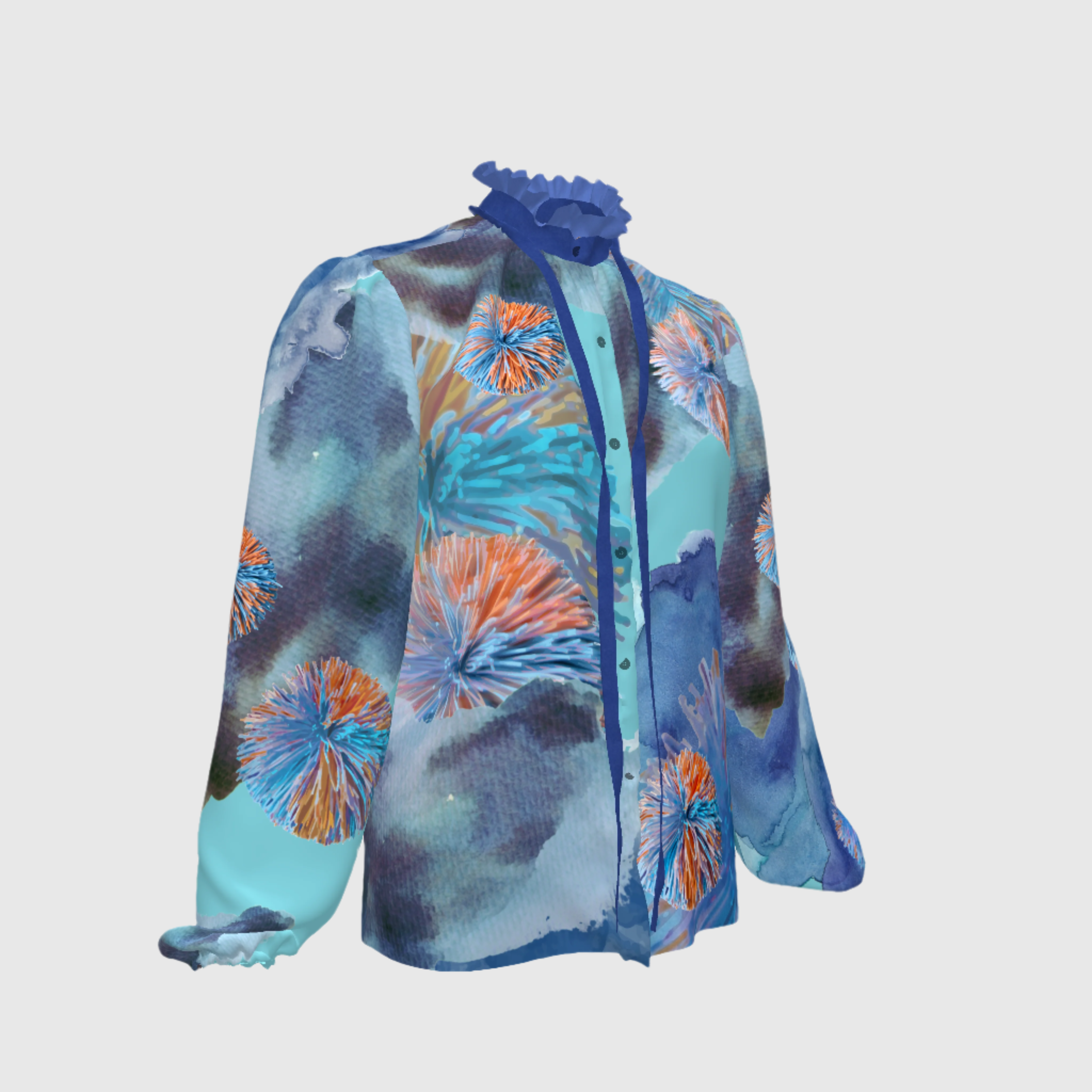 Blue Orange Silk Koosh Tie Blouse
