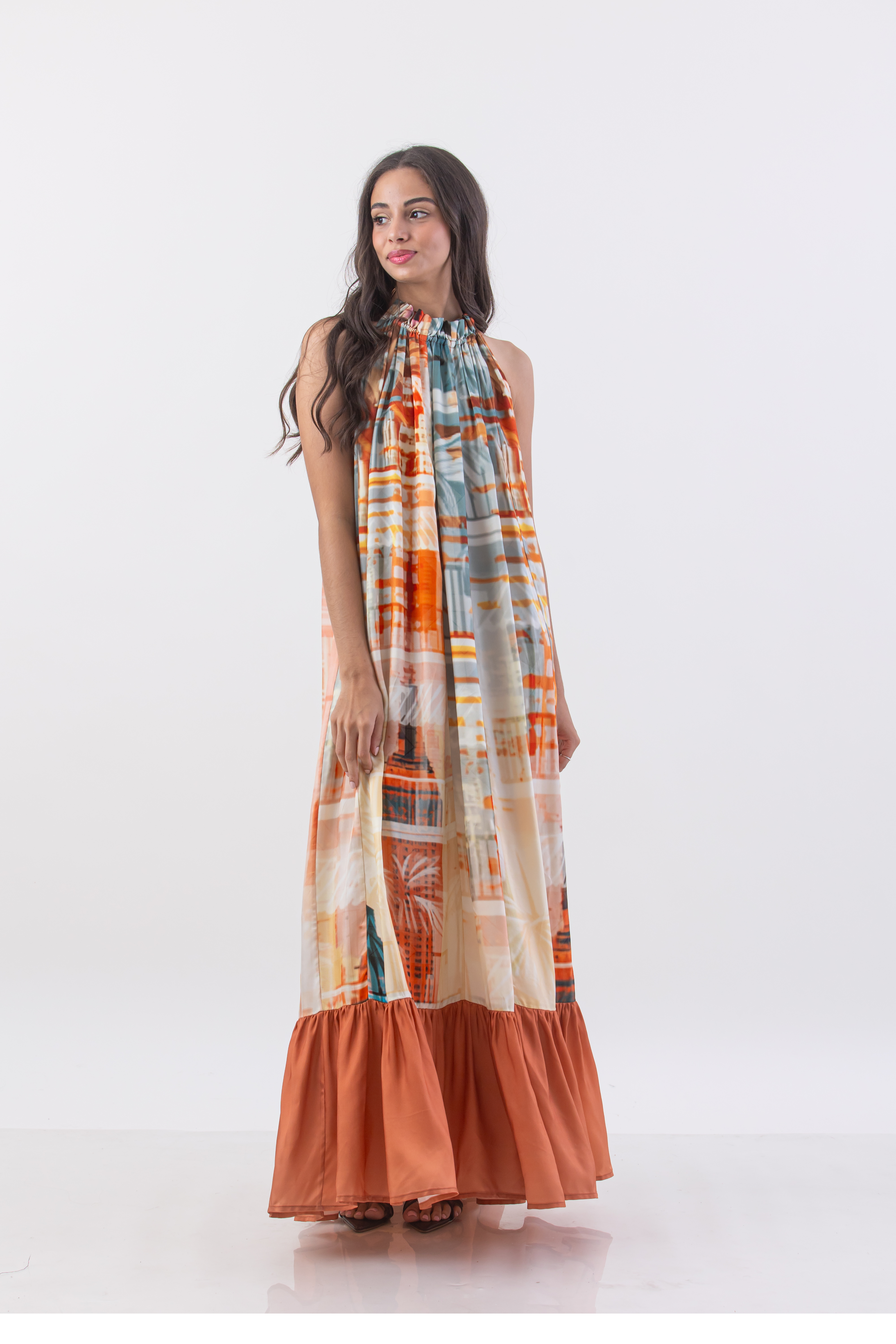 Boho Palm Metro Drawstring Halter Maxi Dress