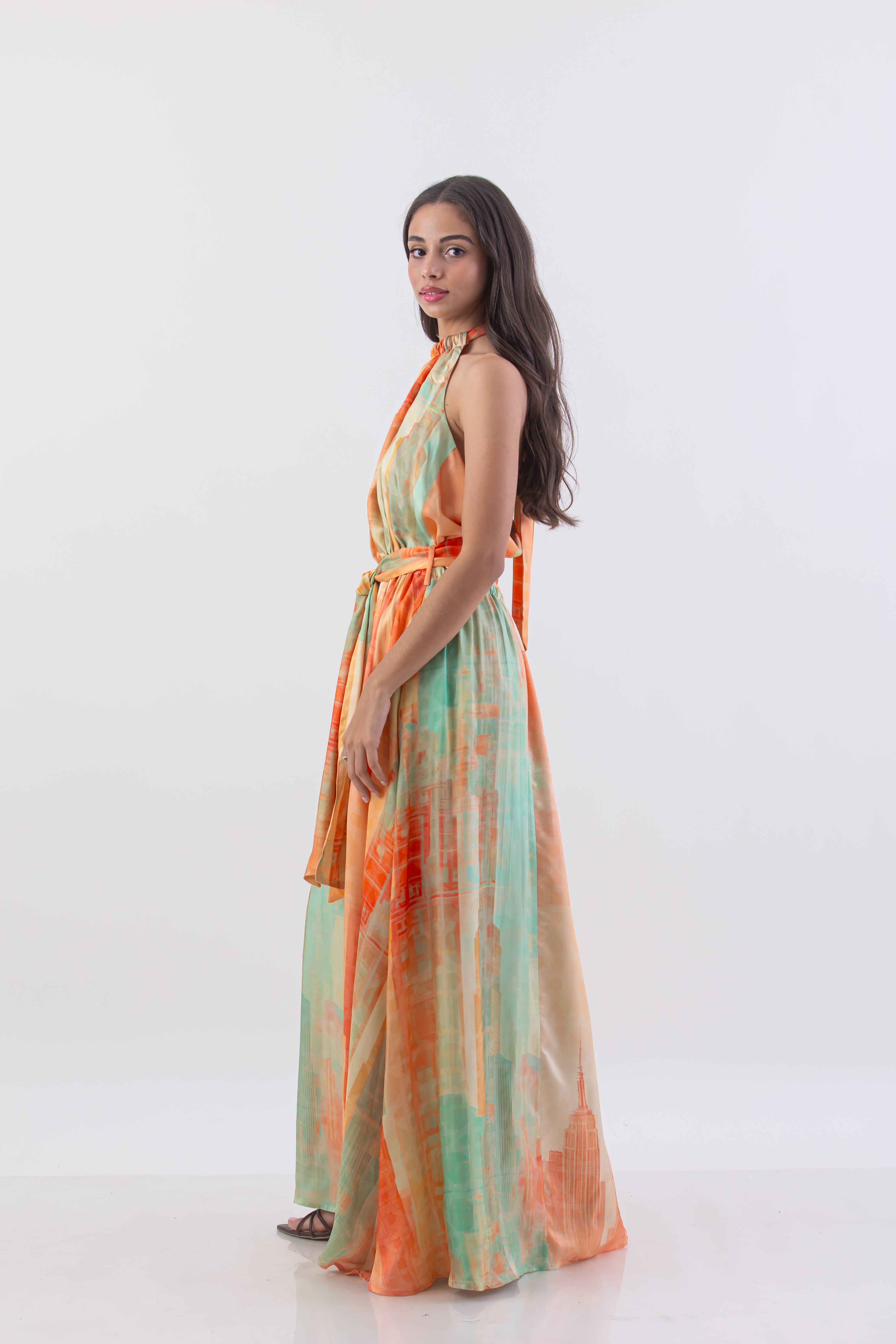 Pastel Rattan Metropolis Print Halter Maxi