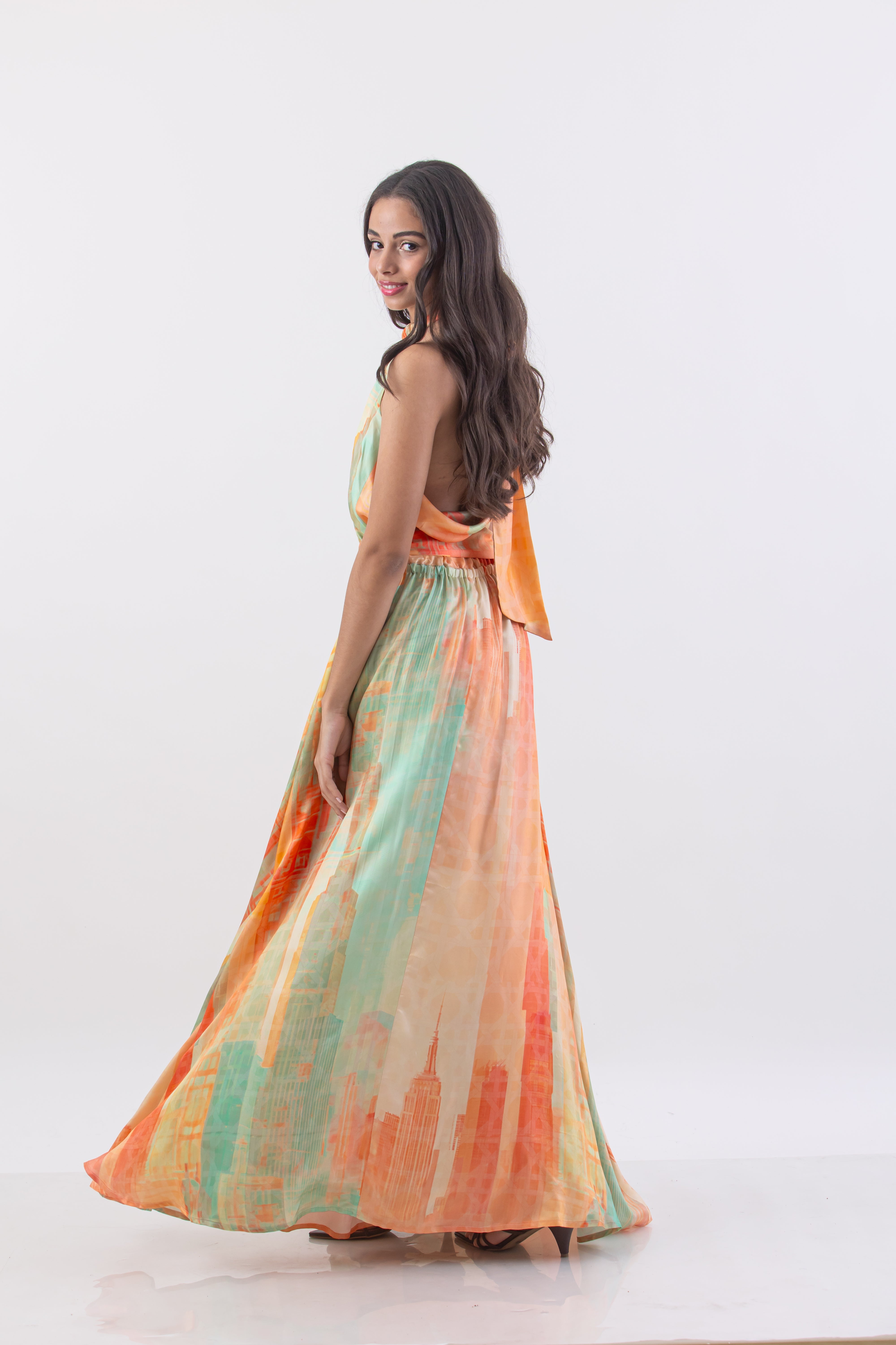 Pastel Rattan Metropolis Print Halter Maxi