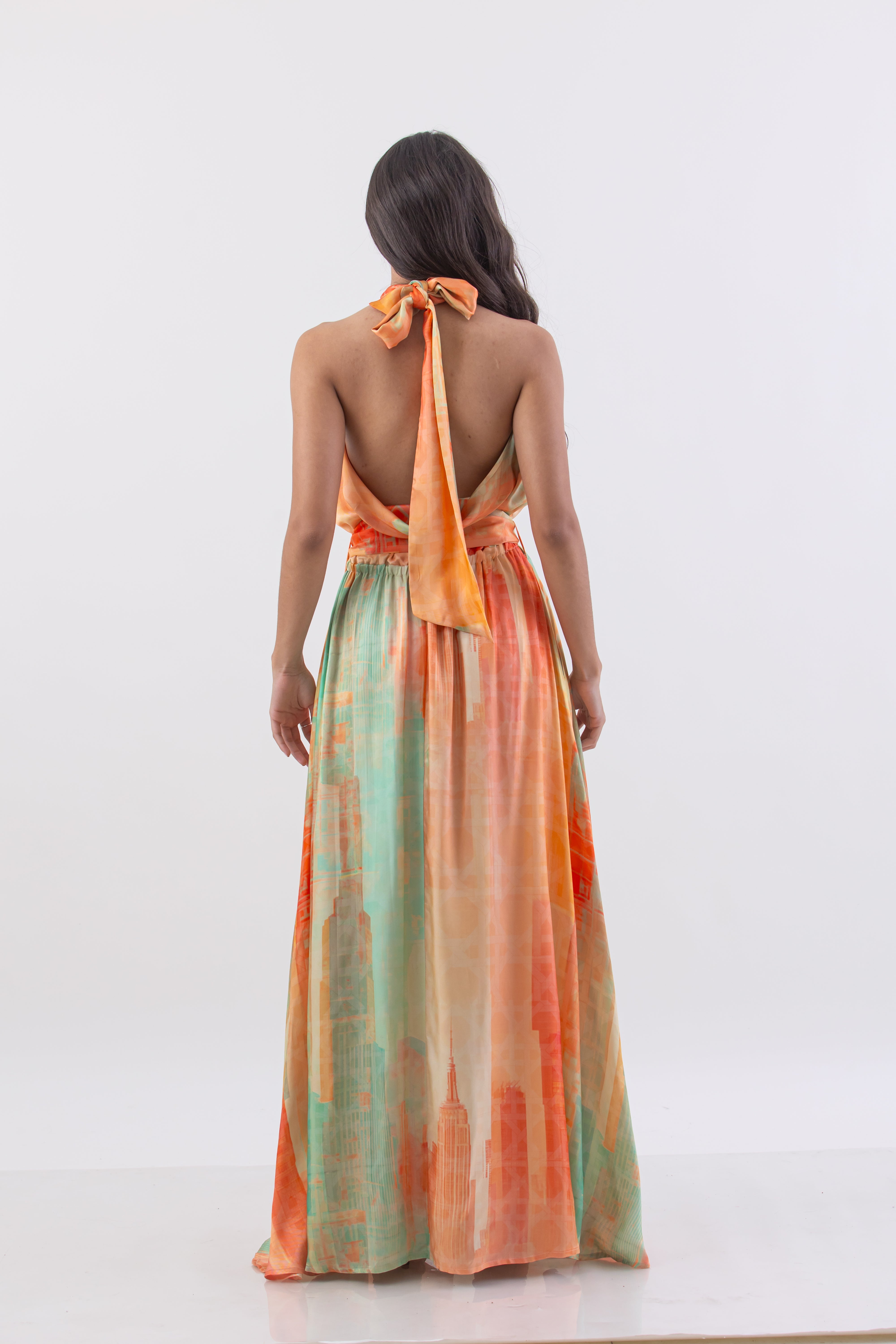 Pastel Rattan Metropolis Print Halter Maxi