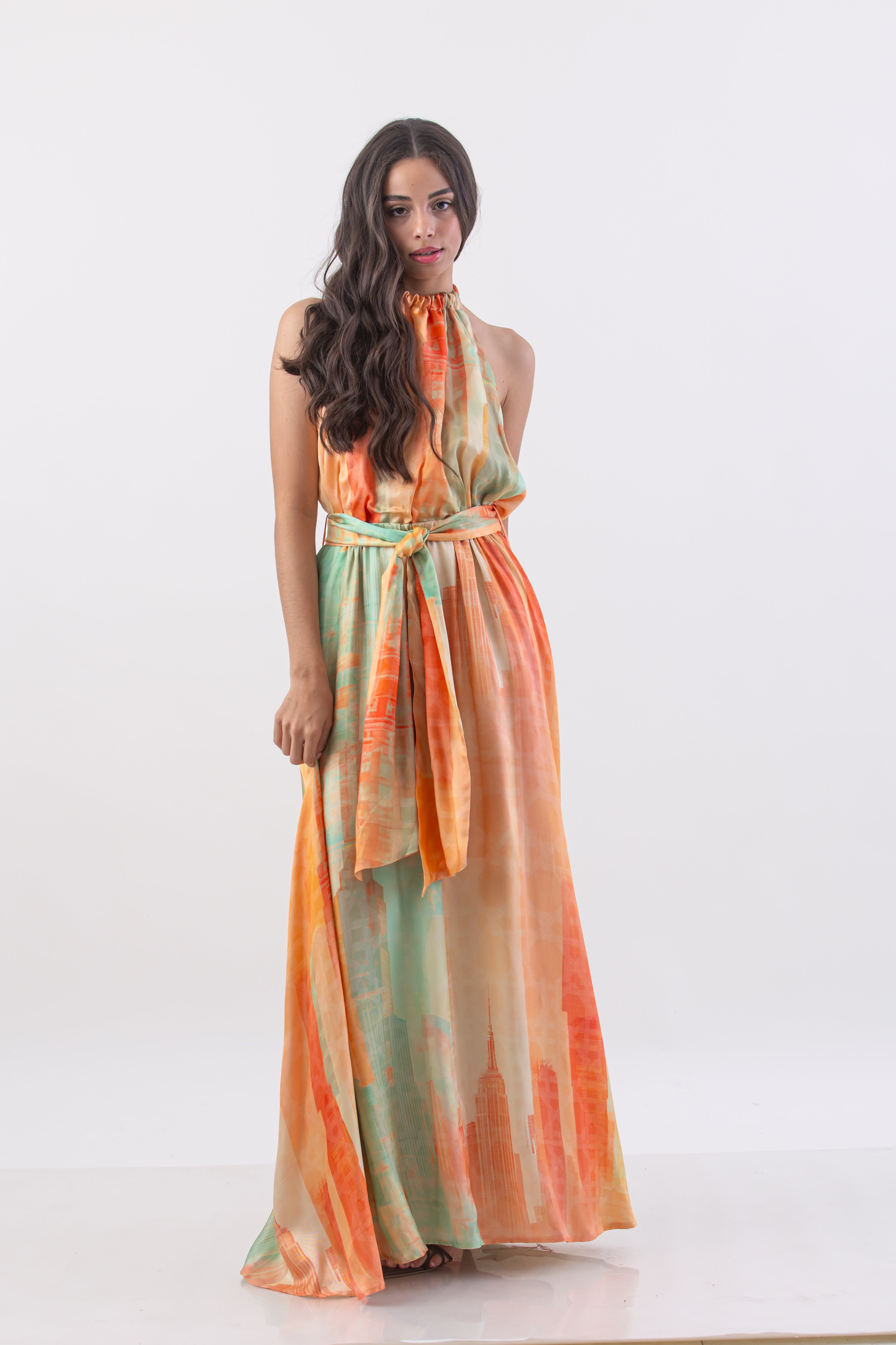 Pastel Rattan Metropolis Print Halter Maxi