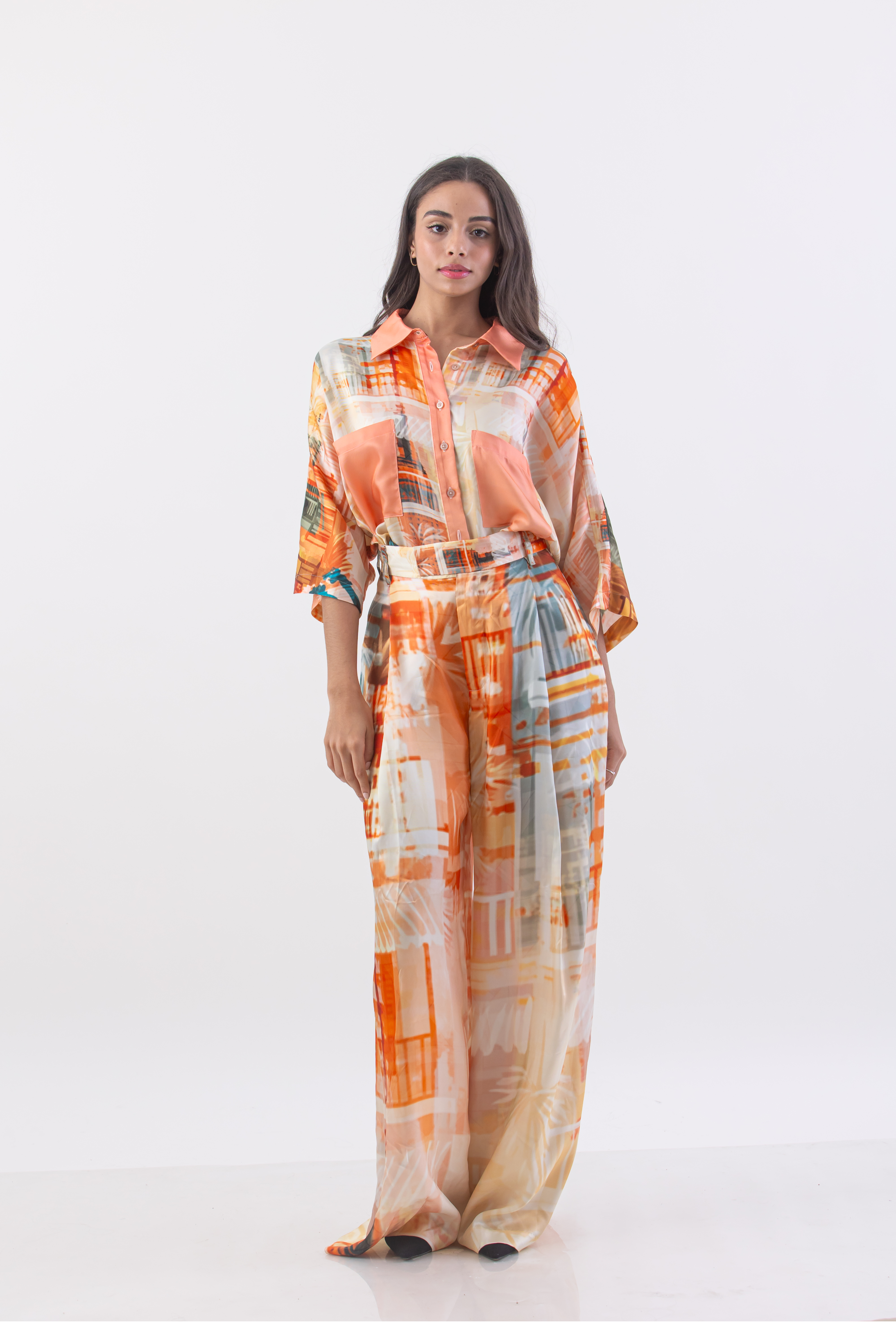 Boho Palm Metropolis Print Full Leg Pleated Pant