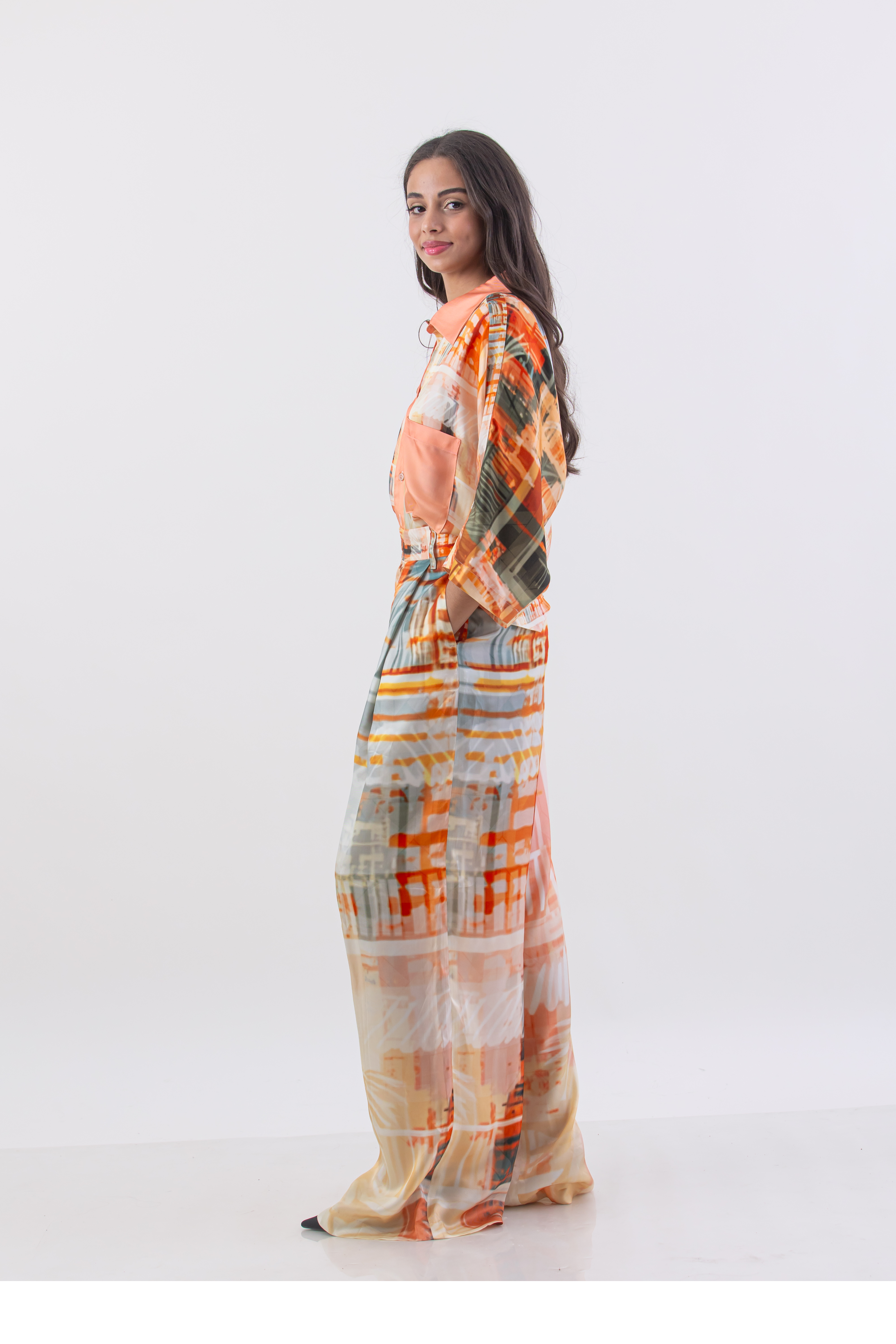 Boho Palm Metropolis Print Full Leg Pleated Pant