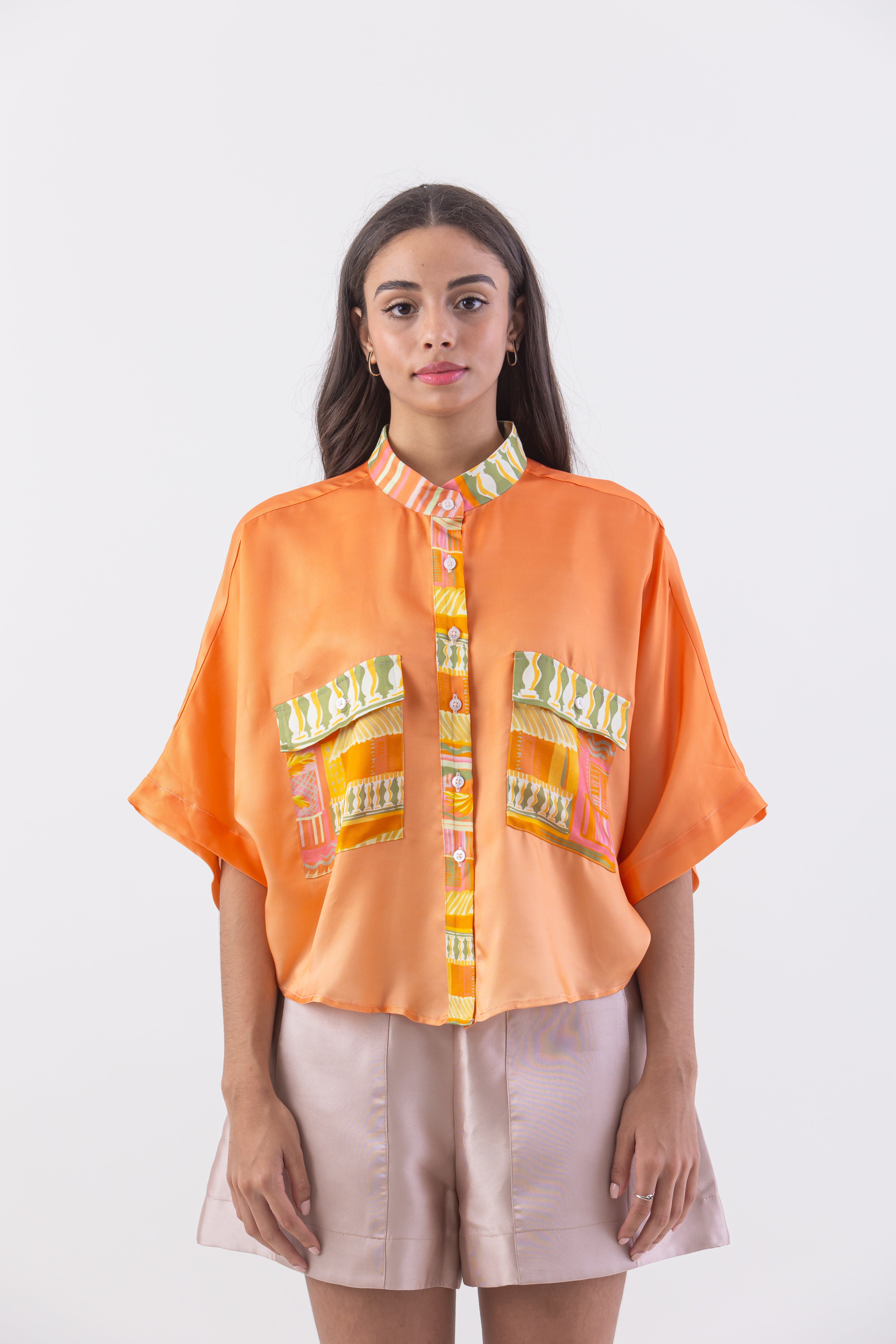 Tropical Print Cropped Kimono Sleeve Blouse